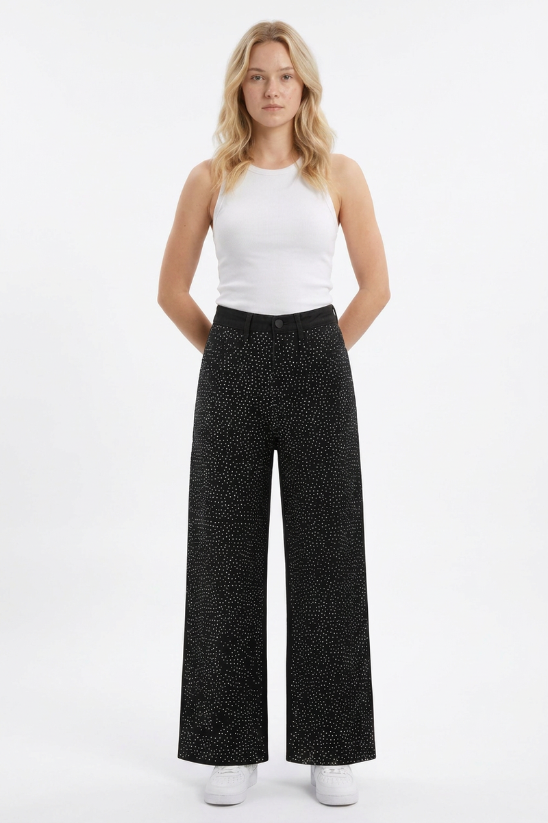 Women's High Waist Allover Rhinestone Loose Wide Leg Jeans