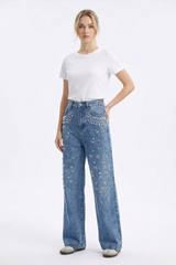 Women's High Waist Pearl Trim Wide Leg Jeans