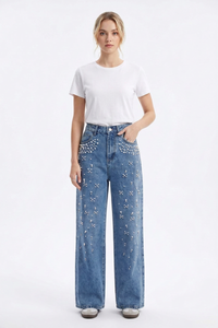 Women's High Waist Pearl Trim Wide Leg Jeans