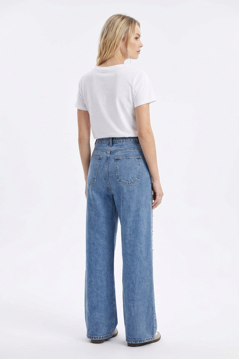 Women's High Waist Pearl Trim Wide Leg Jeans