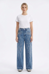 Women's High Waist Pearl Trim Wide Leg Jeans