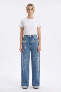 Women's High Waist Pearl Trim Wide Leg Jeans