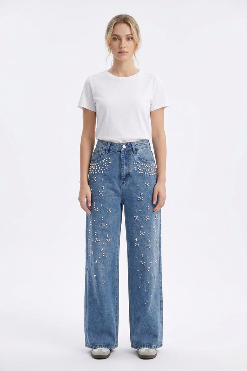Women's High Waist Pearl Trim Wide Leg Jeans