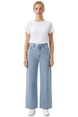Women's High Waist Pearl Trim Wide Leg Jeans