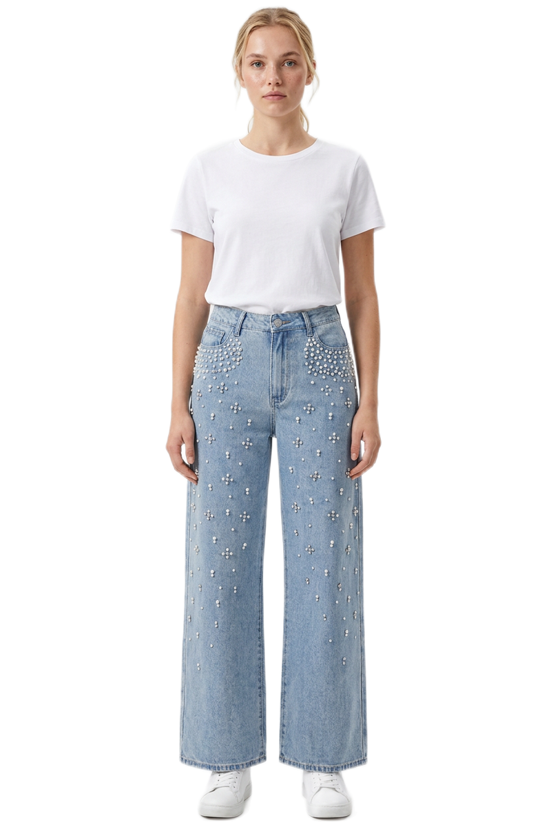 Women's High Waist Pearl Trim Wide Leg Jeans