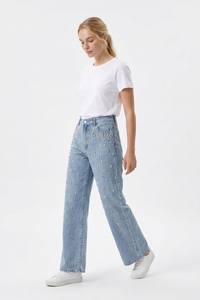 Women's High Waist Pearl Trim Wide Leg Jeans