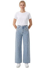 Women's High Waist Pearl Trim Wide Leg Jeans