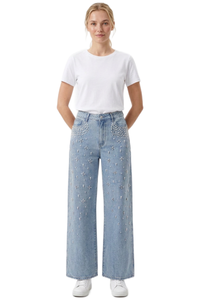 Women's High Waist Pearl Trim Wide Leg Jeans