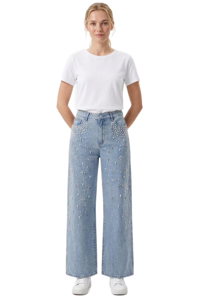 Women's High Waist Pearl Trim Wide Leg Jeans