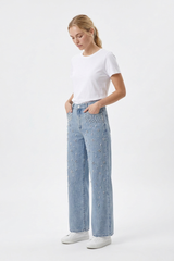 Women's High Waist Pearl Trim Wide Leg Jeans