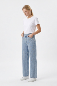 Women's High Waist Pearl Trim Wide Leg Jeans