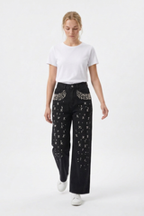 Women's High Waist Pearl Trim Wide Leg Jeans