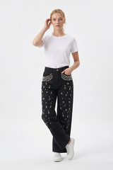 Women's High Waist Pearl Trim Wide Leg Jeans