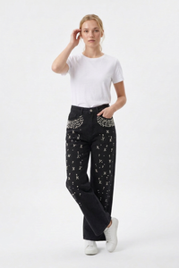 Women's High Waist Pearl Trim Wide Leg Jeans
