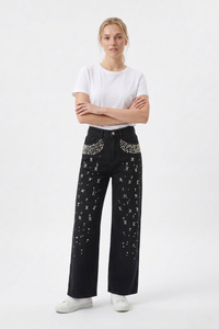 Women's High Waist Pearl Trim Wide Leg Jeans