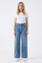 Women's High Waist Rhinestone Flower Wide Leg Jeans