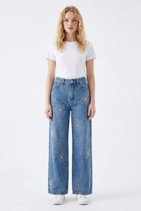 Women's High Waist Rhinestone Flower Wide Leg Jeans