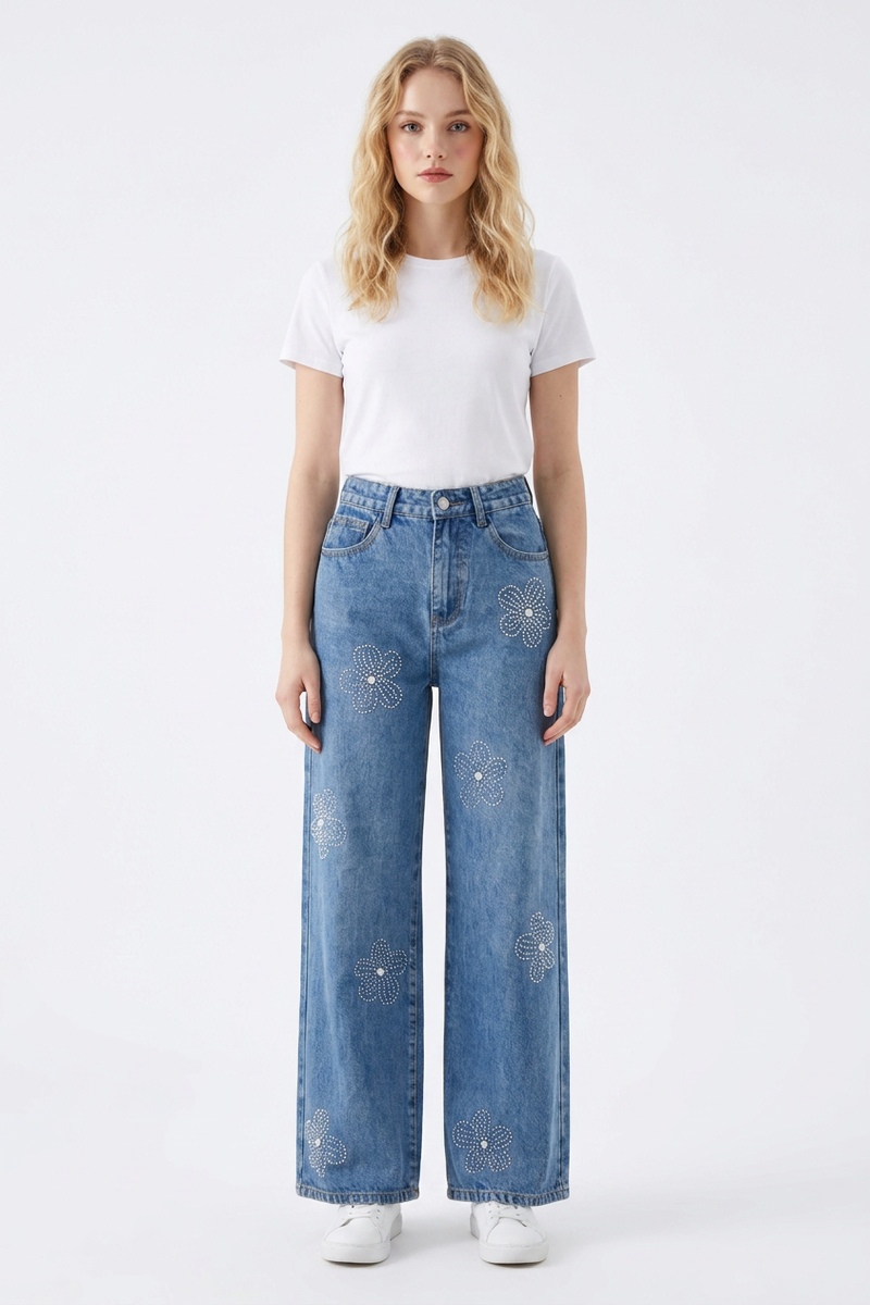 Women's High Waist Rhinestone Flower Wide Leg Jeans