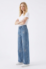 Women's High Waist Rhinestone Flower Wide Leg Jeans