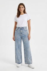 Women's High Waist Rhinestone Flower Wide Leg Jeans