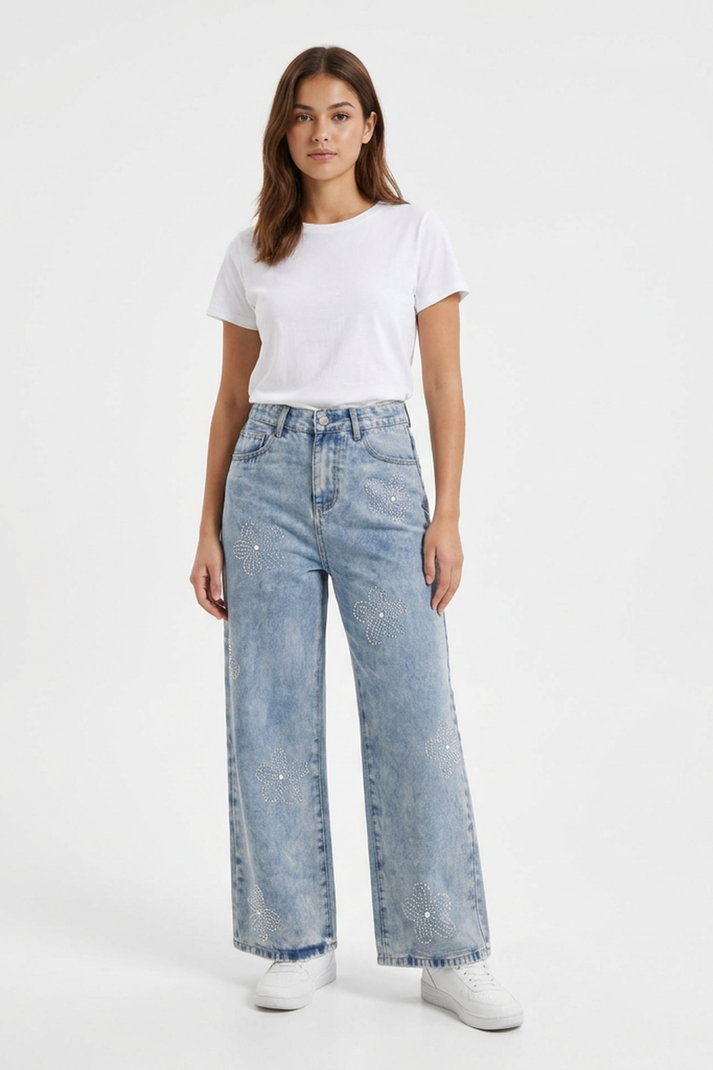 Women's High Waist Rhinestone Flower Wide Leg Jeans