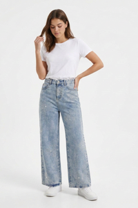 Women's High Waist Rhinestone Flower Wide Leg Jeans
