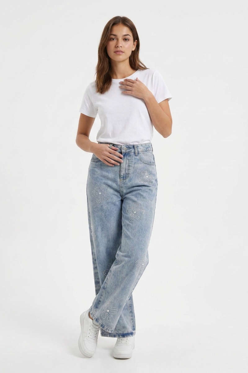 Women's High Waist Rhinestone Flower Wide Leg Jeans