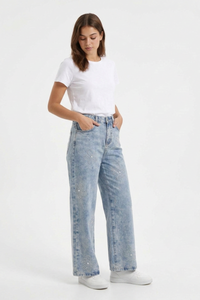 Women's High Waist Rhinestone Flower Wide Leg Jeans