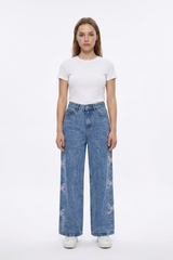 Women's High Waist Vintage Side Bow Wide Leg Jeans