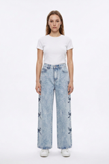 Women's High Waist Vintage Side Bow Wide Leg Jeans