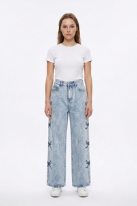 Women's High Waist Vintage Side Bow Wide Leg Jeans