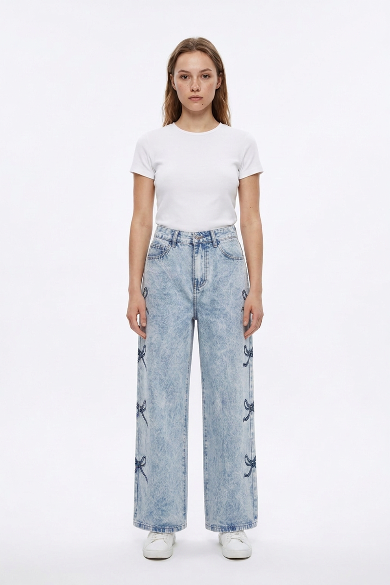Women's High Waist Vintage Side Bow Wide Leg Jeans