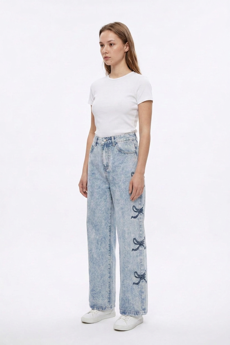 Women's High Waist Vintage Side Bow Wide Leg Jeans
