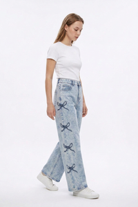 Women's High Waist Vintage Side Bow Wide Leg Jeans