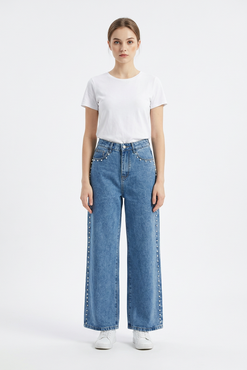 Women's High Waist Pearl Studded Side Seam Wide Leg Jeans