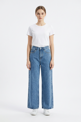Women's High Waist Pearl Studded Side Seam Wide Leg Jeans