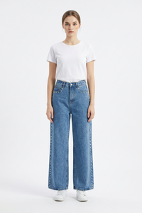 Women's High Waist Pearl Studded Side Seam Wide Leg Jeans