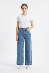 Women's High Waist Pearl Studded Side Seam Wide Leg Jeans