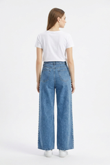 Women's High Waist Pearl Studded Side Seam Wide Leg Jeans