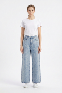 Women's High Waist Pearl Studded Side Seam Wide Leg Jeans