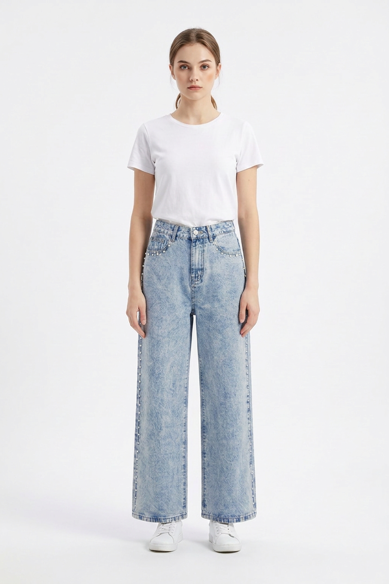 Women's High Waist Pearl Studded Side Seam Wide Leg Jeans