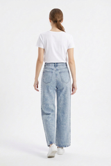 Women's High Waist Pearl Studded Side Seam Wide Leg Jeans