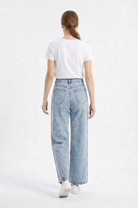 Women's High Waist Pearl Studded Side Seam Wide Leg Jeans