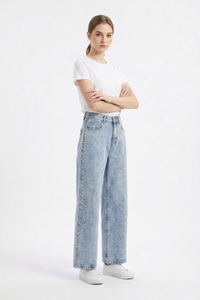 Women's High Waist Pearl Studded Side Seam Wide Leg Jeans