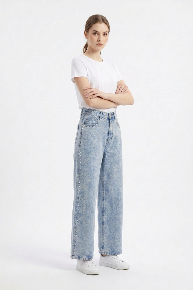 Women's High Waist Pearl Studded Side Seam Wide Leg Jeans
