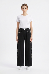 Women's High Waist Pearl Studded Side Seam Wide Leg Jeans