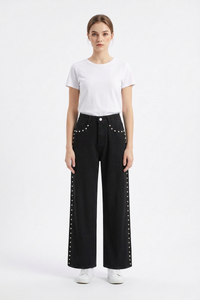 Women's High Waist Pearl Studded Side Seam Wide Leg Jeans