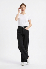 Women's High Waist Pearl Studded Side Seam Wide Leg Jeans