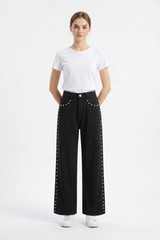 Women's High Waist Pearl Studded Side Seam Wide Leg Jeans