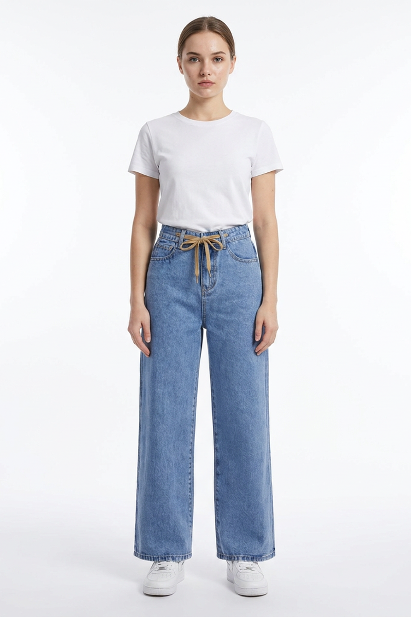 Women's Drawstring High Waist Relaxed Straight Leg Jeans